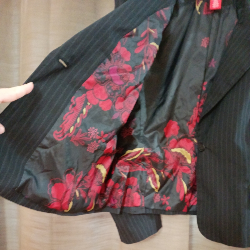 Vintage A Line Pin Striped One Button Black & Gray Blazer Suit Jacket Size 18 - Picture 8 of 8